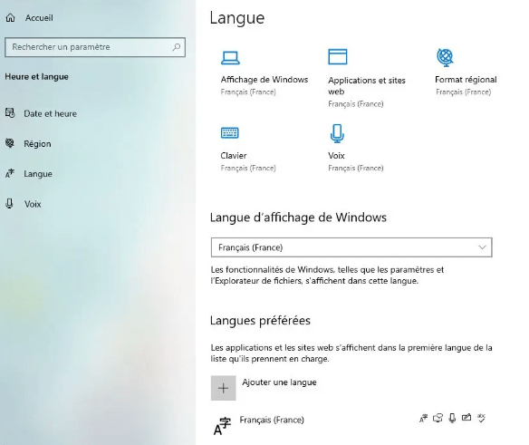 linguistiques options windows 10 2004